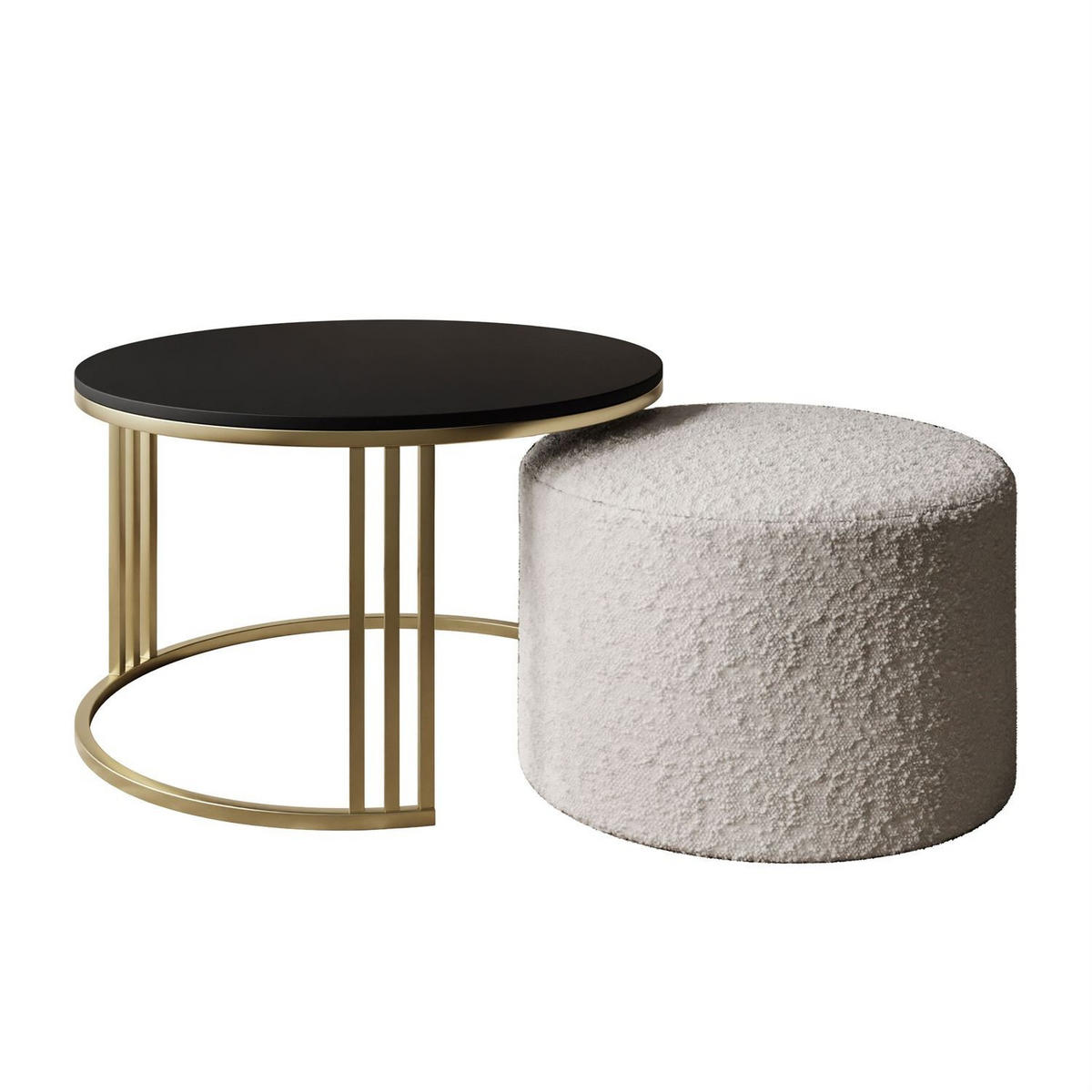 COUCHTISCH mit Hocker LORI MAT gebürstetes Gold/schwarz matt/Coral 65 - Schwarz, Metall (70/70/49cm) - Lookway