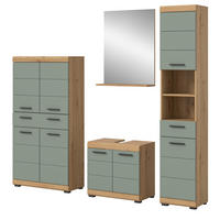BADMÖBEL-SET Salbei grün, Eiche Artisan 4-teilig 200 cm, Komplettset mit viel Stauraum - Salbeigrün/Schwarz, Glas/Holzwerkstoff (186/191/34cm) - Inn.Furn