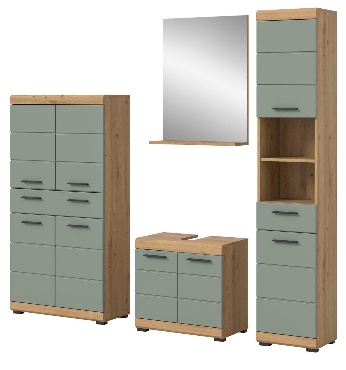 BADMÖBEL-SET Salbei grün, Eiche Artisan 4-teilig 200 cm, Komplettset mit viel Stauraum - Salbeigrün/Schwarz, Glas/Holzwerkstoff (186/191/34cm) - Inn.Furn