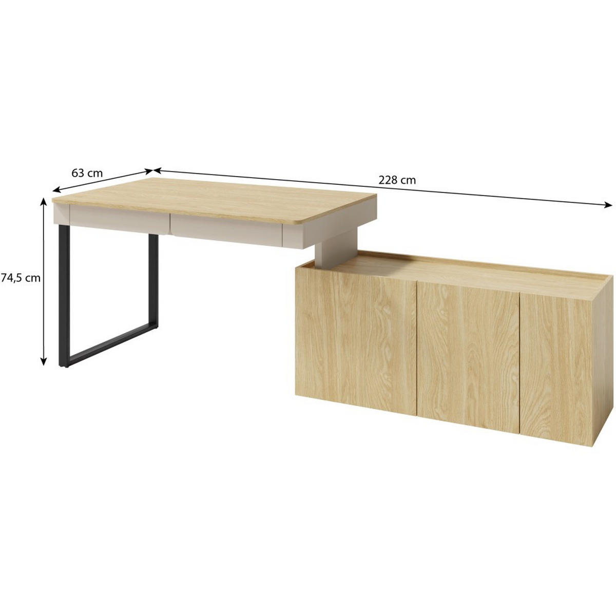 SCHREIBTISCHKOMBINATION Lico Schreibtisch mit Kommode für Jugendzimmer, Sandbeige - Beige/Schwarz, Holzwerkstoff (131/140/74.5cm) - Beautysofa