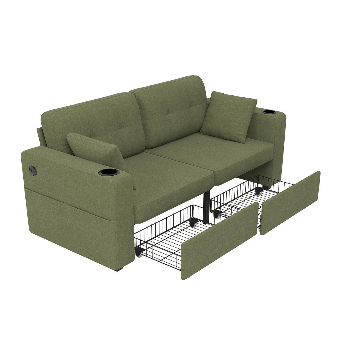 SOFA mit Stauraumschubladen und USB 172 x 75 x 82 cm Chenille Olive - Olivgrün, Holzwerkstoff (172/82/75cm) - Meubliv