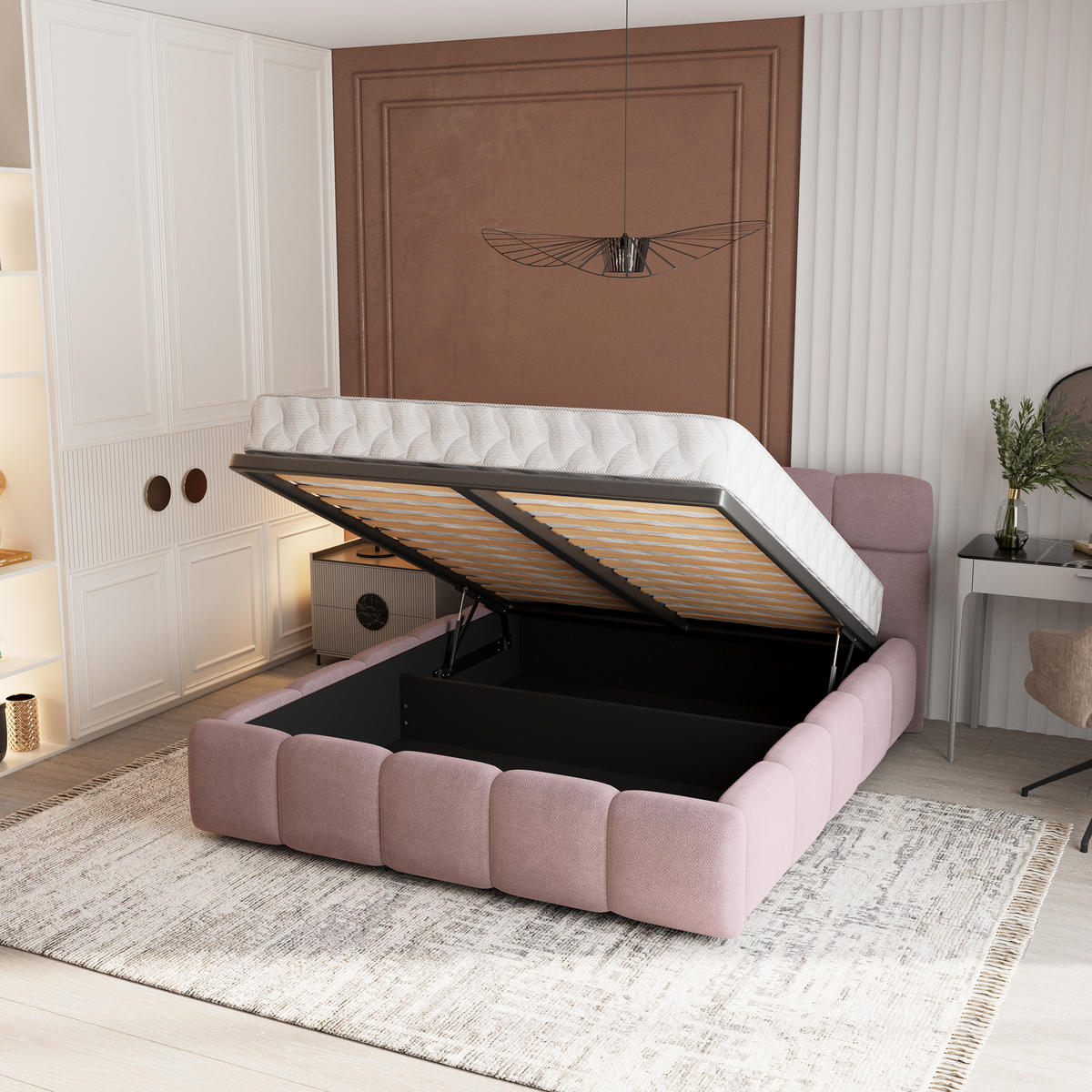 POLSTERBETT FARU SR 180x200 cm mit Bettkästen - Rosa - Rosa, Holz (180/200cm) - MASSENO