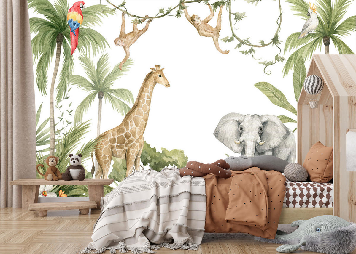 FOTOTAPETE für Kinderzimmer TIERE tropische Pflanzen Natur 460x300cm - Rot/Weiß, Papier (460/300cm) - Muralo