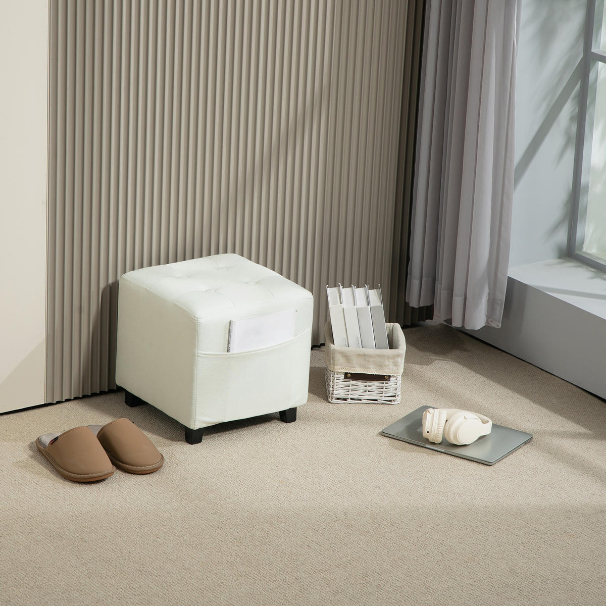 HOCKER DE-16461 mit Seitentasche und Knopfheftung Creme - Creme, Holzwerkstoff (35/35/35cm) - ComfortXL