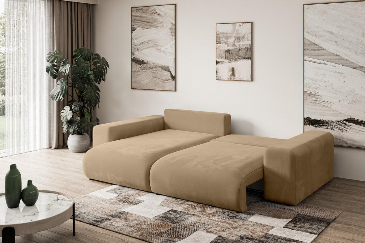 ECKSOFA mit Schlaffunktion und Bettkasten ESKAR-L 256x165x84cm Beige Velours - Beige/Schwarz, Holzwerkstoff/Kunststoff (165/256cm) - ALTDECOR