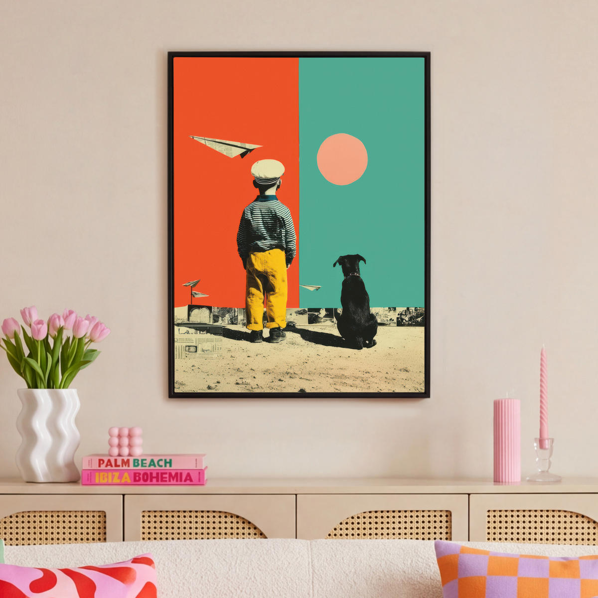 LEINWAND Bilder mit Rahmen - Retro - Junge - Hund - Rot - Grün - 70x100 - Orange, Textil (70/100cm) - MuchoWow