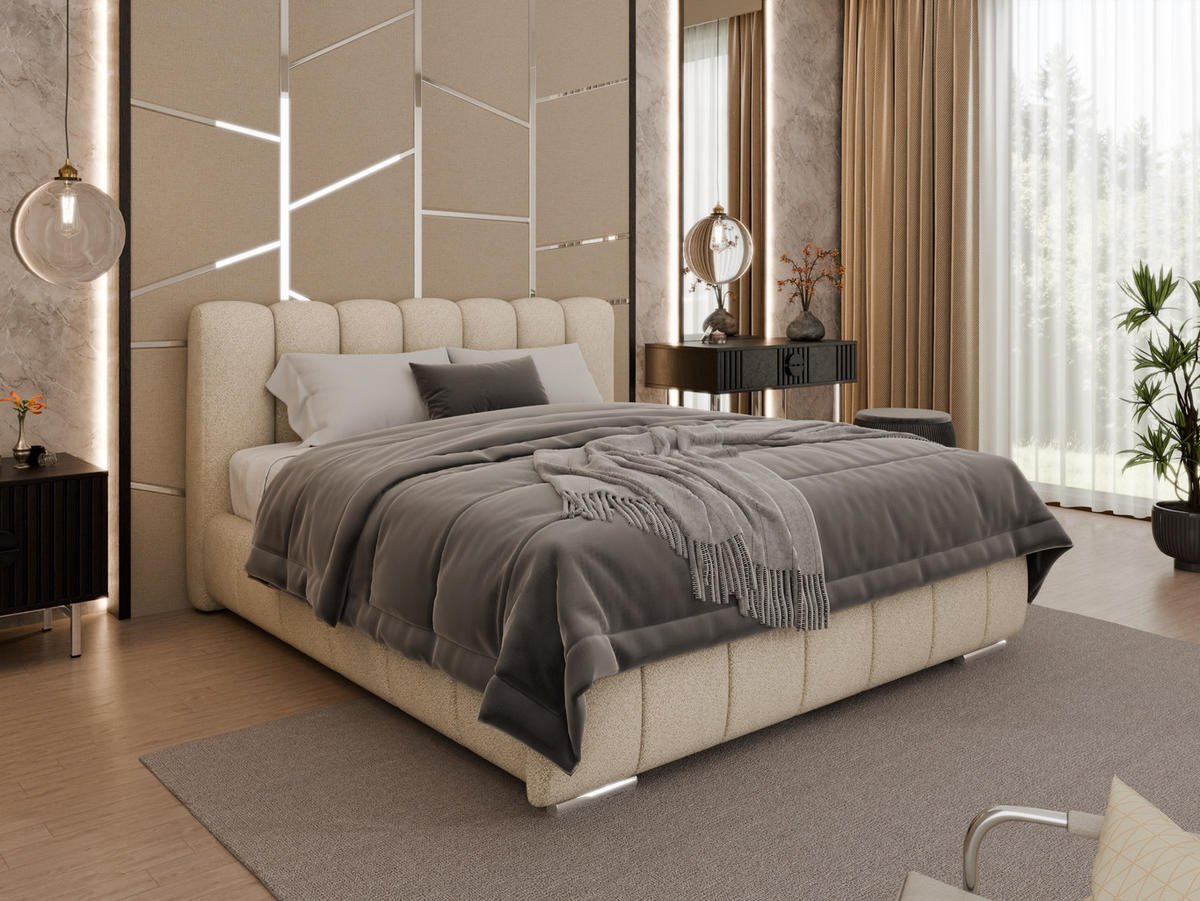 POLSTERBETT Zaira 160x200cm – Elegantes Polsterbett für modernen Wohnstil , Taschenfederkernmatratze Pocket KOKOS (20cm), beige - Beige, Holz - Panda Möbel