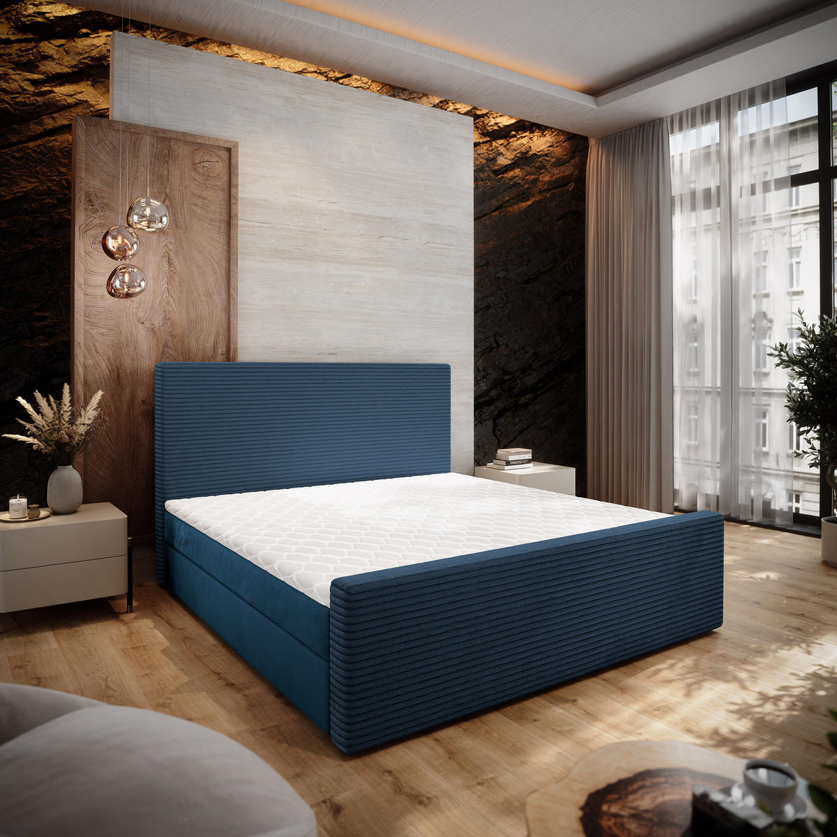 BOXBETT ALORIA 140x200 cm mit Matratze und Topper - Blau - Blau, Holz (140/200cm) - MASSENO