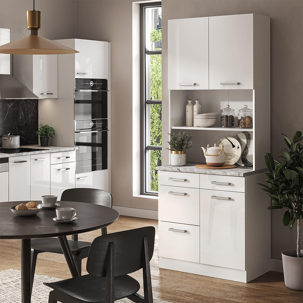 BUFFET R-Line Weiß Hochglanz 80 cm, AP Marmor - Weiß Hochglanz/Weiß, Holzwerkstoff (80/81.6/60cm) - Vicco