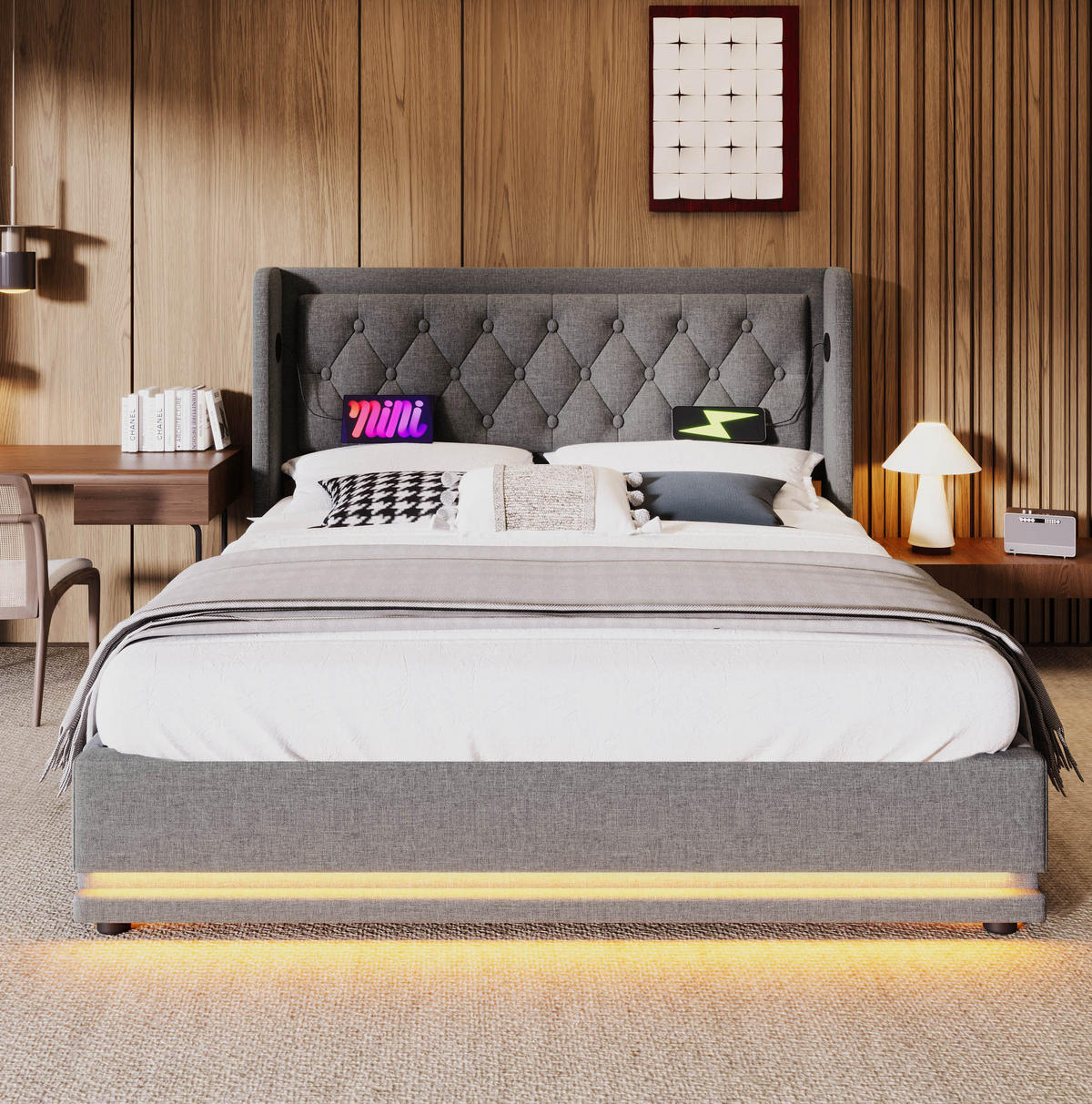 POLSTERBETT mit Stauraum, LED und USB 140x200 cm Baumwolle Grau inkl. Matratze - Grau, Metall (140/200cm) - Meubliv