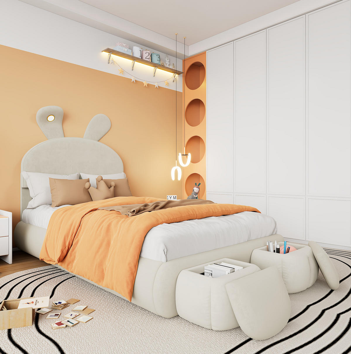 POLSTERBETT 90/200 cm Beige mit Hasenohren und LED-Beleuchtung - Beige, Textil (90/200cm) - OKWISH