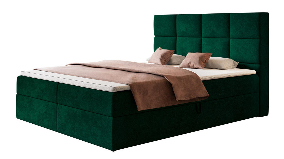 BOXBETT ROMA mit 2 Bettkästen, 160x200, Farbe: Dunkelgrün, Velourstoff, Doppelbett mit Bonell-Matratze - Dunkelgrün, Holz/Kunststoff (160/200cm) - Alpi-Möbel