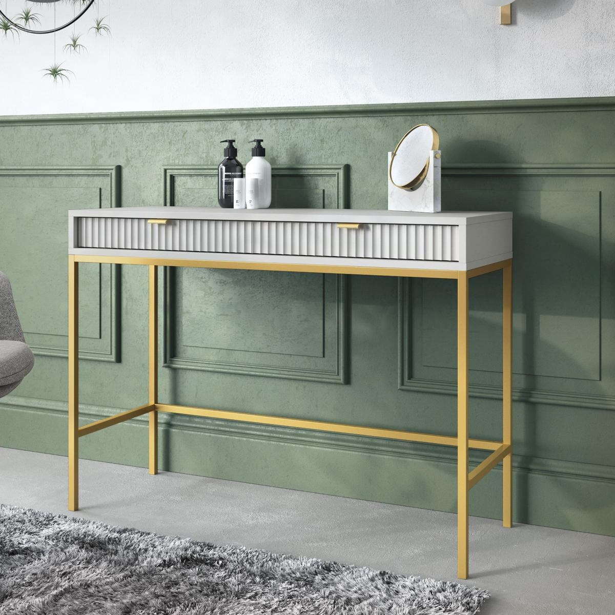 GRAUER Moderner Geriffelter Konsolentisch KIOTO T2SZ (Gold Gestell, Vollauszug) - Goldfarben/Grau, Holzwerkstoff/Metall (50/104/77cm) - Ravio