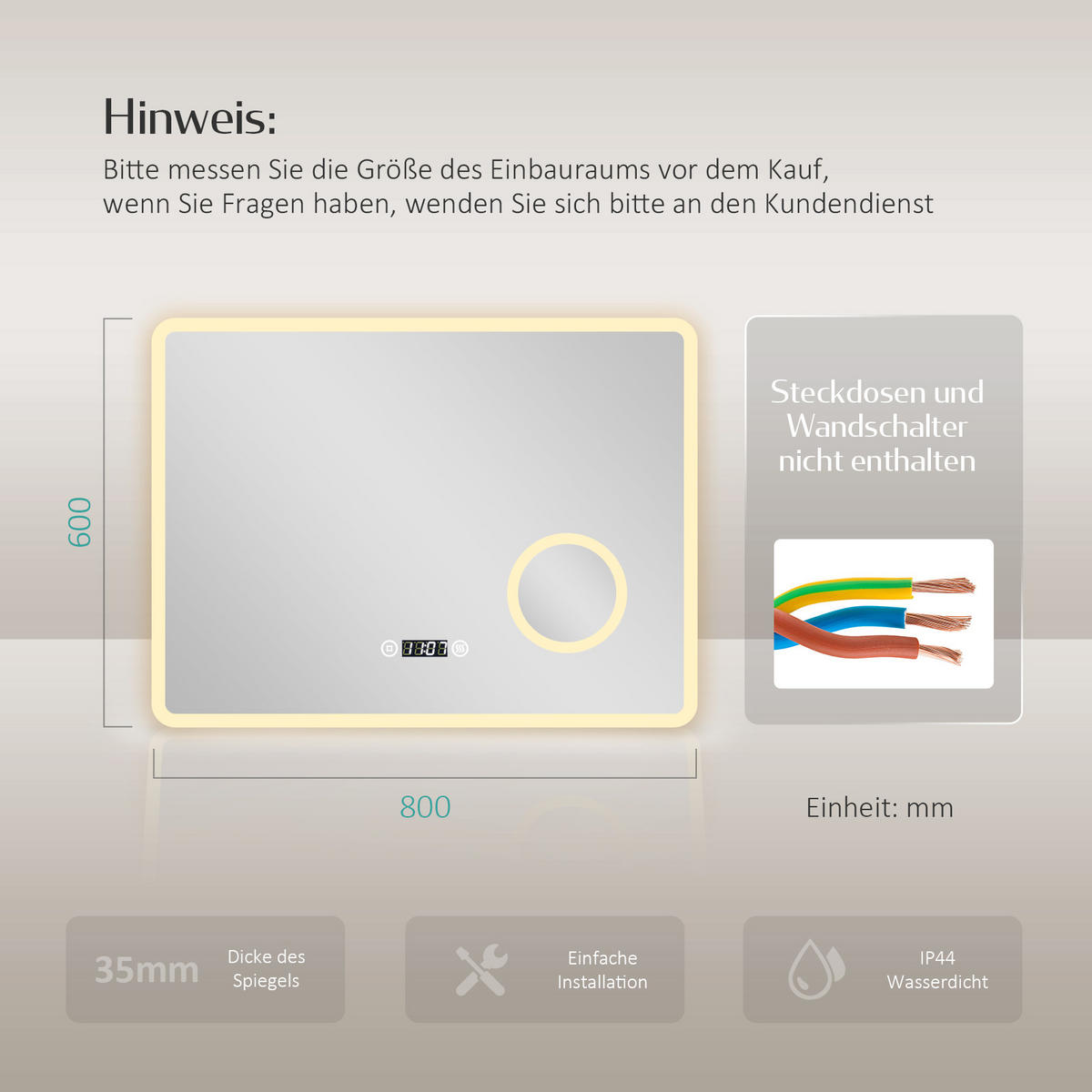 BADSPIEGEL mit Anti-Beschlag Beleuchtung mit Integriertem Schminkspiegel 80/60 cm - Weiß, Glas (60/3.5/80cm) - EMKE