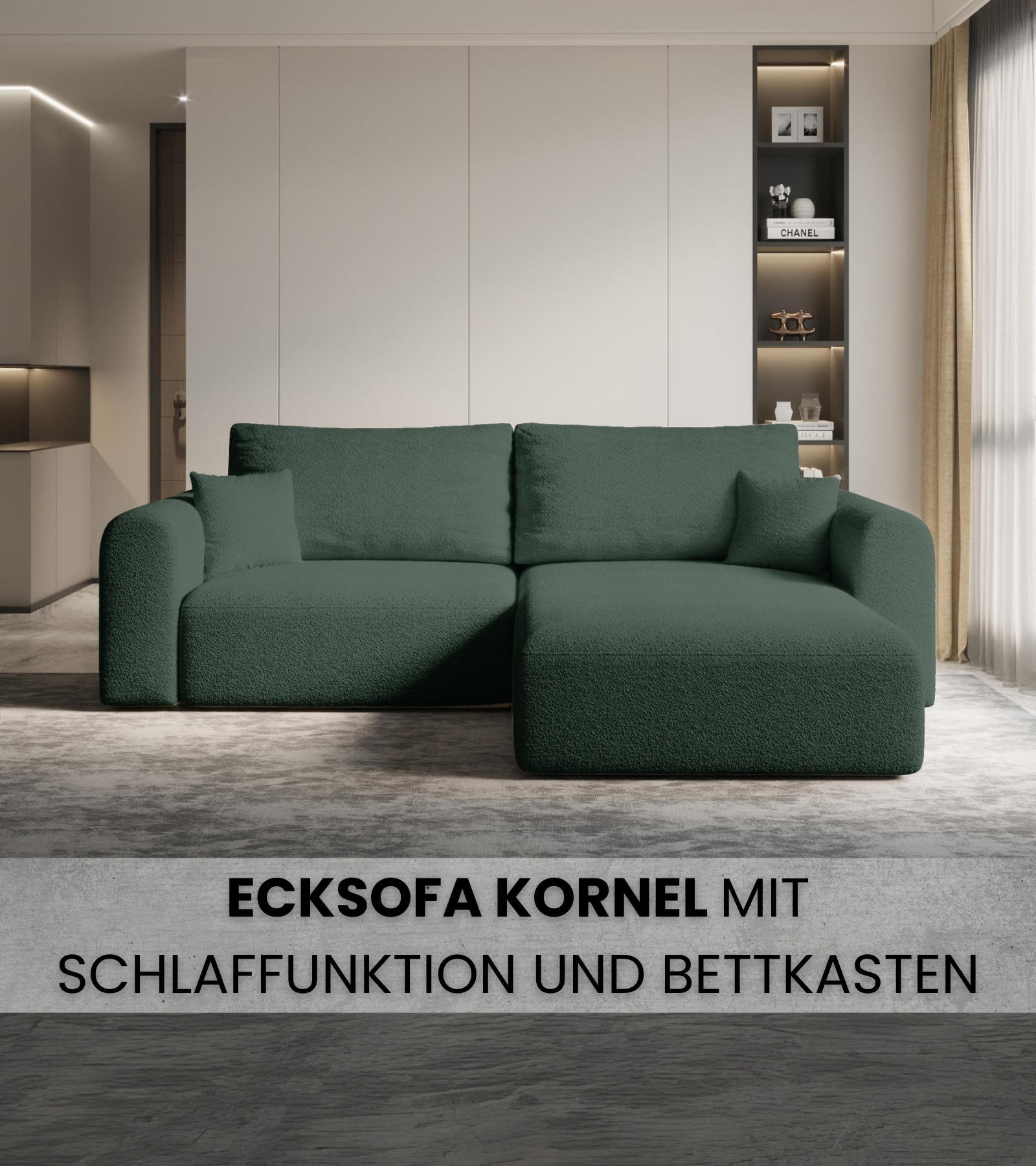 ECKSOFA Kornel mit Schlaffunktion Grün Boucle - Grün, Textil (248/165cm) - Bromarkt