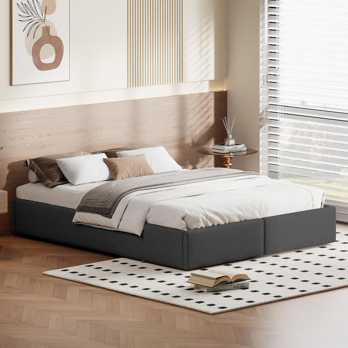 POLSTERBETT 160x200 cm Bettkasten Schubladen ohne Kopfteil grau - Grau, Holz (160/200cm) - LEBENLANG