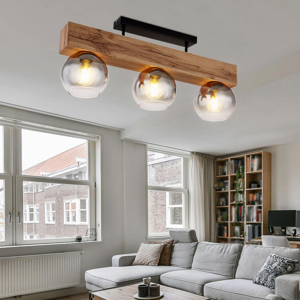 DECKENLEUCHTE MOITAS Braun Holzoptik - Braun, Glas (65/15/28cm) - Globo Lighting