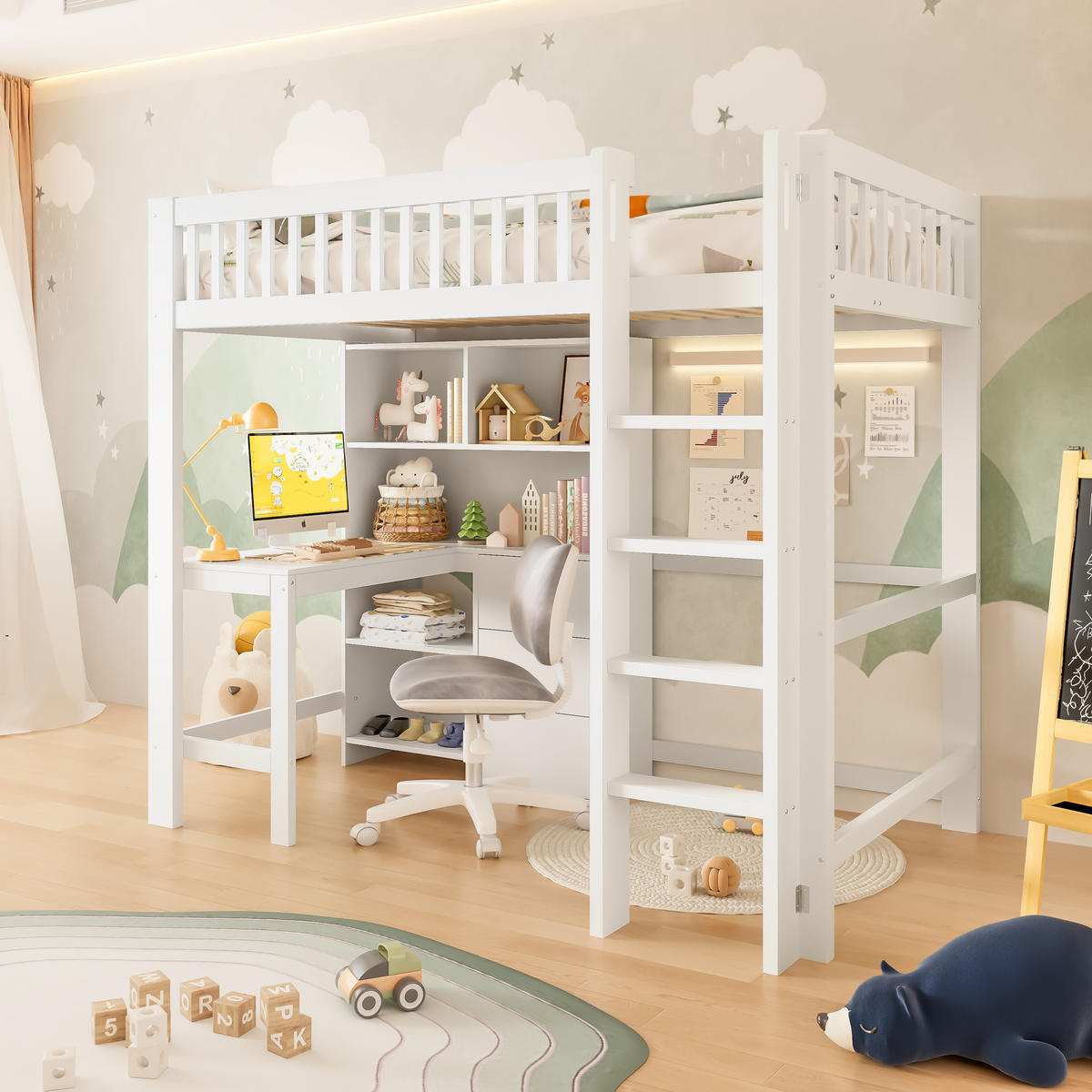 HOCHBETT 90/200 cm Weiß mit Schreibtisch und mehreren Ablagefächern ohne Matratze - Weiß, Holz (90/200cm) - OKWISH