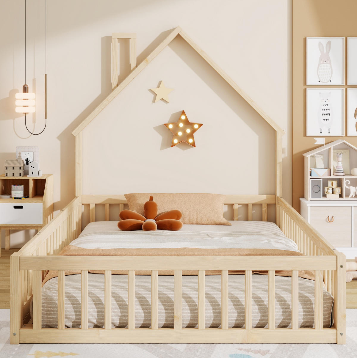 KINDERBETT 140/200 cm mit Lattenrost, Sicherheitsgitter und Schornsteinform aus Kiefernholz/MDF, Natur - Naturfarben, Holz (140/200cm) - Redom