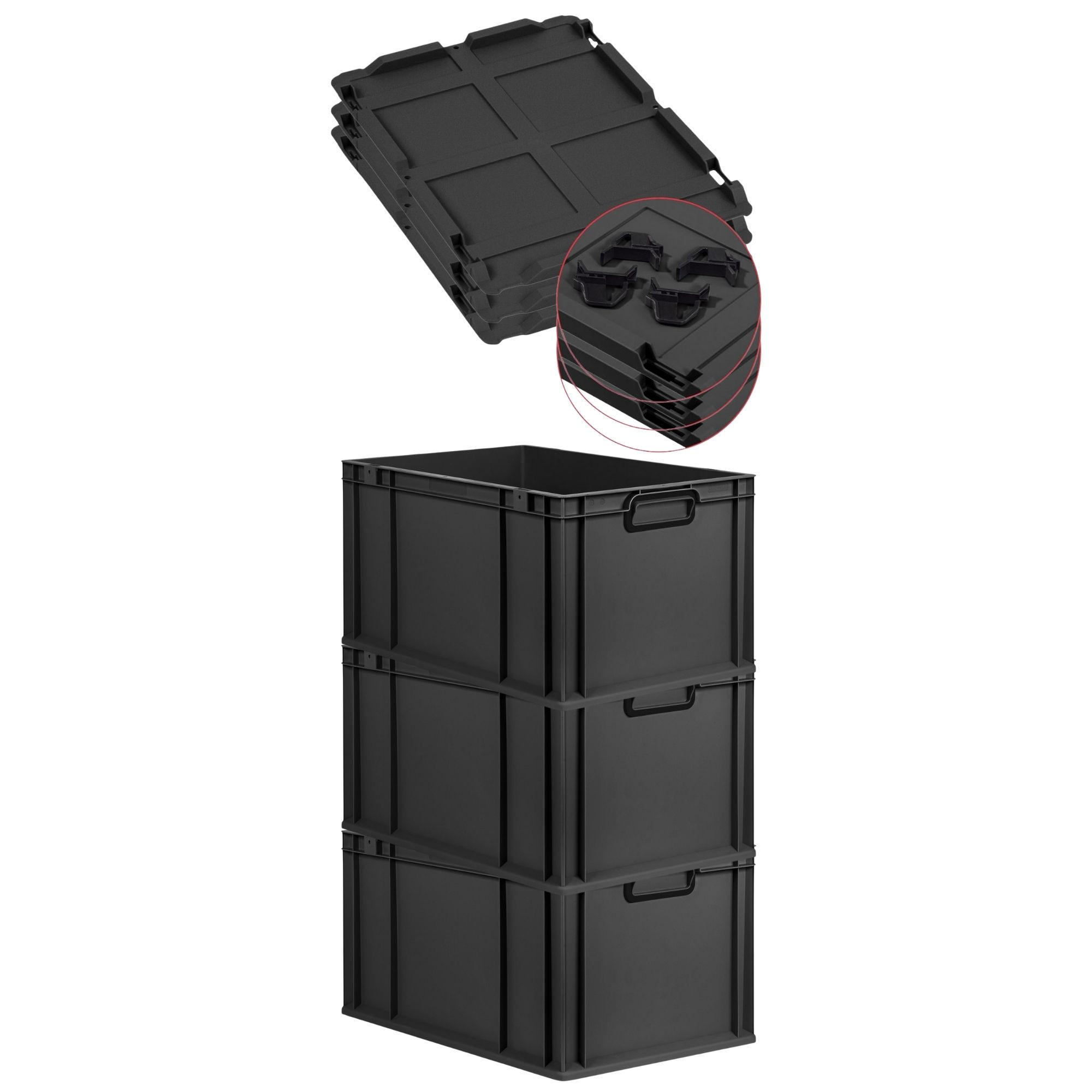 EUROBOX 3x NextGen Color mit Auflagedeckel 32x40x60 cm 65 Liter Schwarz Griffe schwarz zu - Anthrazit/Schwarz, Kunststoff (40/32/60cm) - PROREGAL