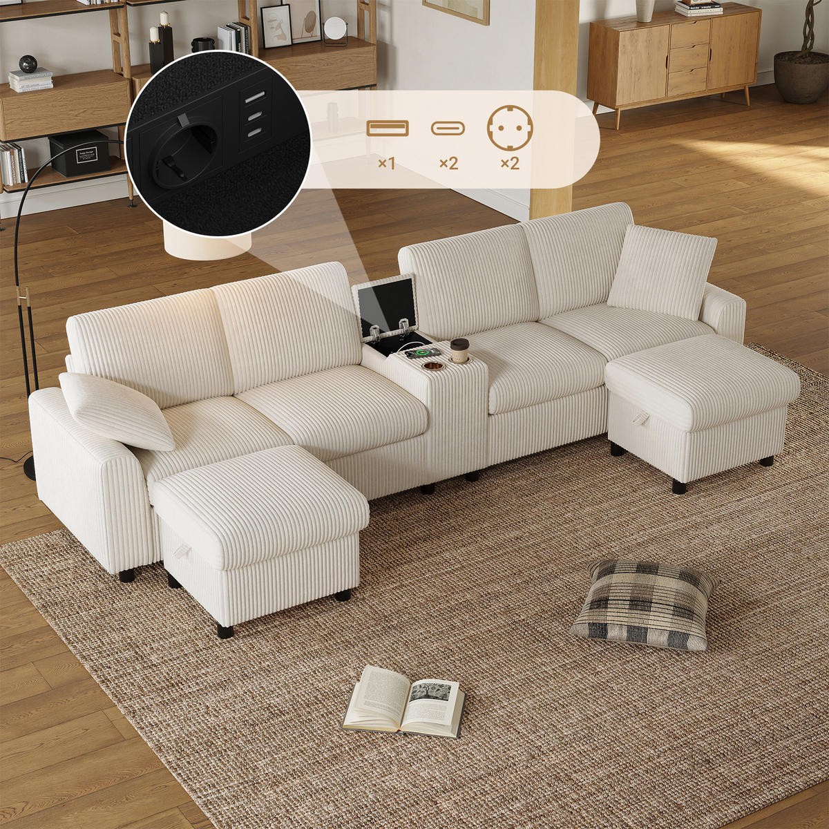 WOHNLANDSCHAFT Cord Beige mit Hockern, USB, Type-C und Steckdosen - Beige, Holzwerkstoff/Kunststoff (315/81/135cm) - WISHDOR