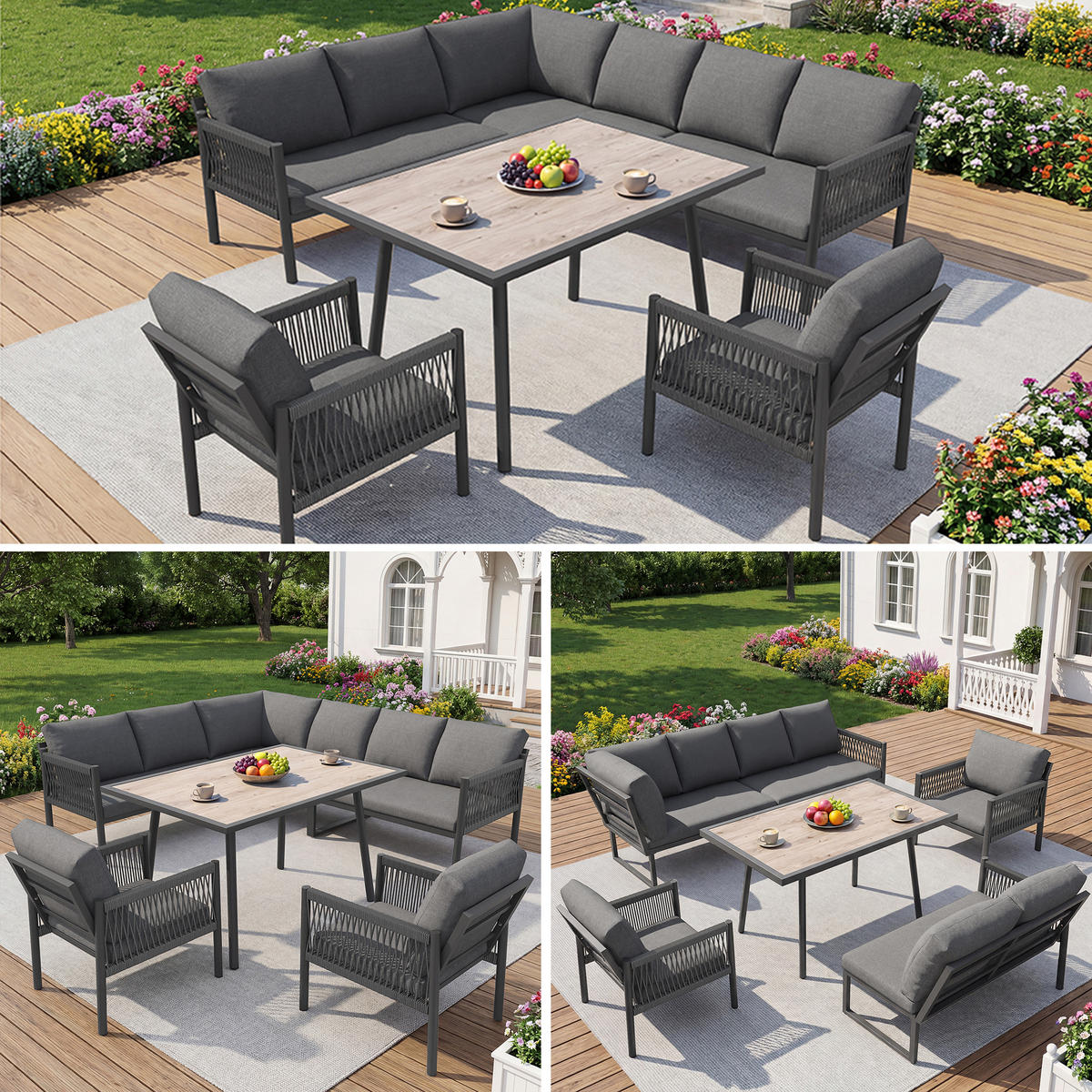 GARTENLOUNGE Grau 7-8 Personen L-Form Sofa Tisch 2 Sessel - Grau, Metall - FLIEKS