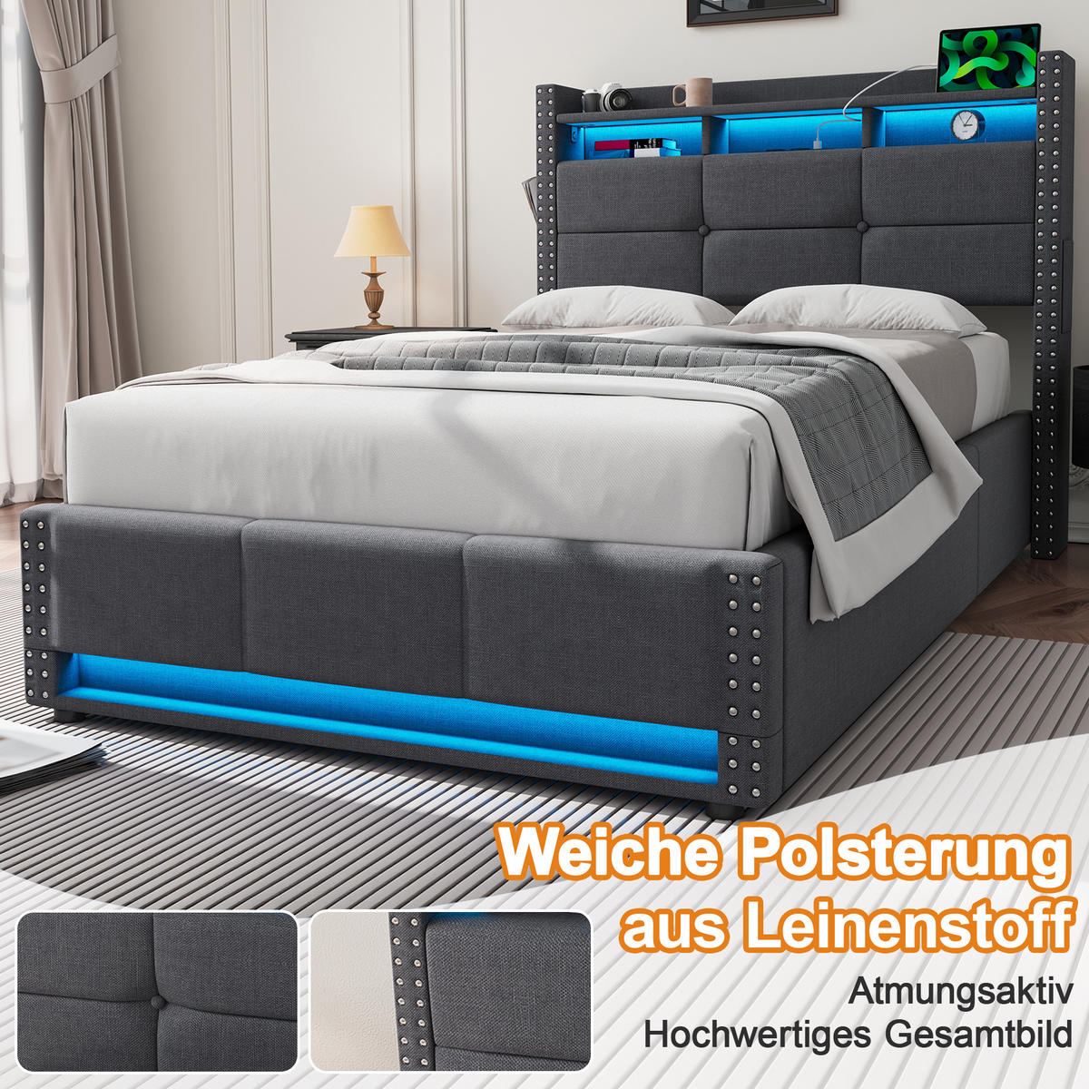 POLSTERBETT 90/200 cm dunkelgrau aus Leinenstoff mit hydraulischem Stauraumkopfteil LED und USB-Ladefunktion - Dunkelgrau, Textil (90/200cm) - OKWISH