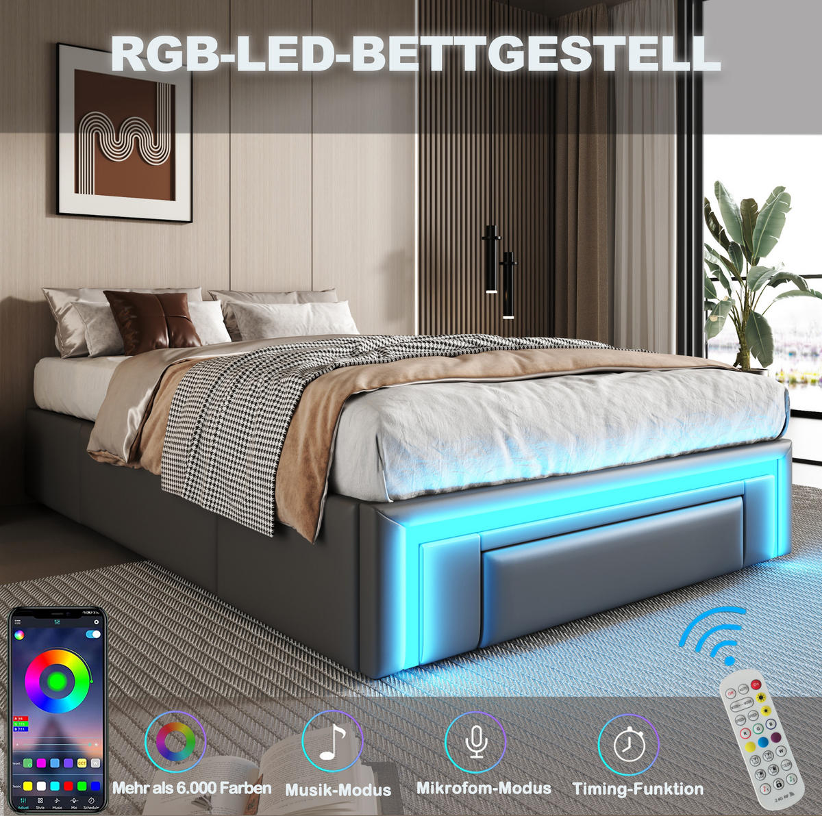 POLSTERBETT 90/200 cm ohne Kopfteil mit Schubladen, LED-Lichtleiste und Metallrahmen, Grau - Grau, Textil (90/200cm) - Redom