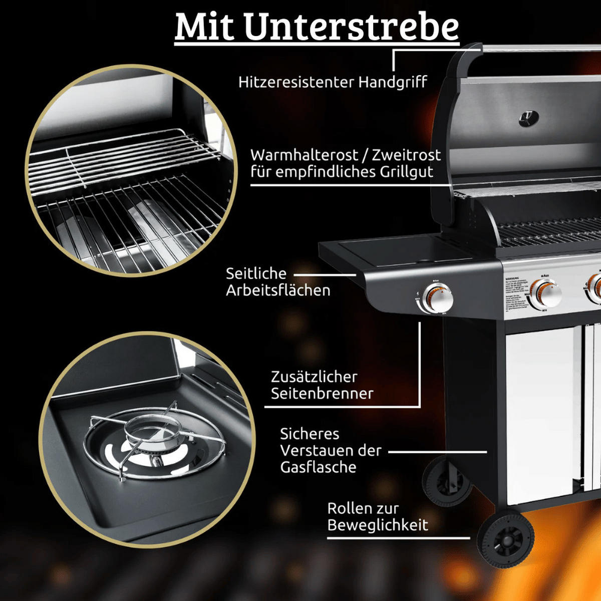 GASGRILL 3+1 Brenner mit Deckel DELO mit Seitenbrenner - Silberfarben, Metall (131/110/54cm) - DELUKE