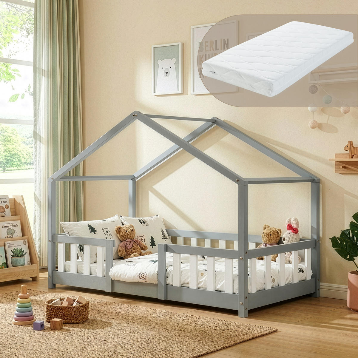 HAUSBETT Treviolo mit Matratze - Hellgrau/Weiß, Holz/Textil - [en.casa]