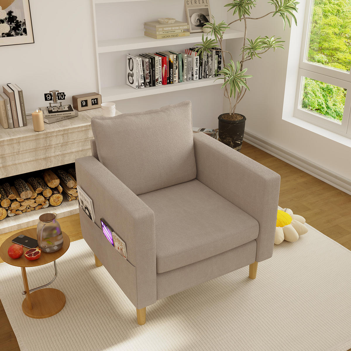 SESSEL Chenille Khaki mit Seitentasche und Kissen - Hellbraun, Holz/Holzwerkstoff (71/82/68cm) - WISHDOR
