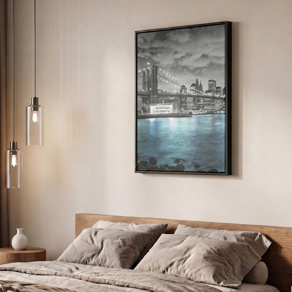 LEINWAND Bilder mit Rahmen - New York - Skyline - Stadt - Blau - 50x70 - Blaugrau, Textil (50/70cm) - MuchoWow