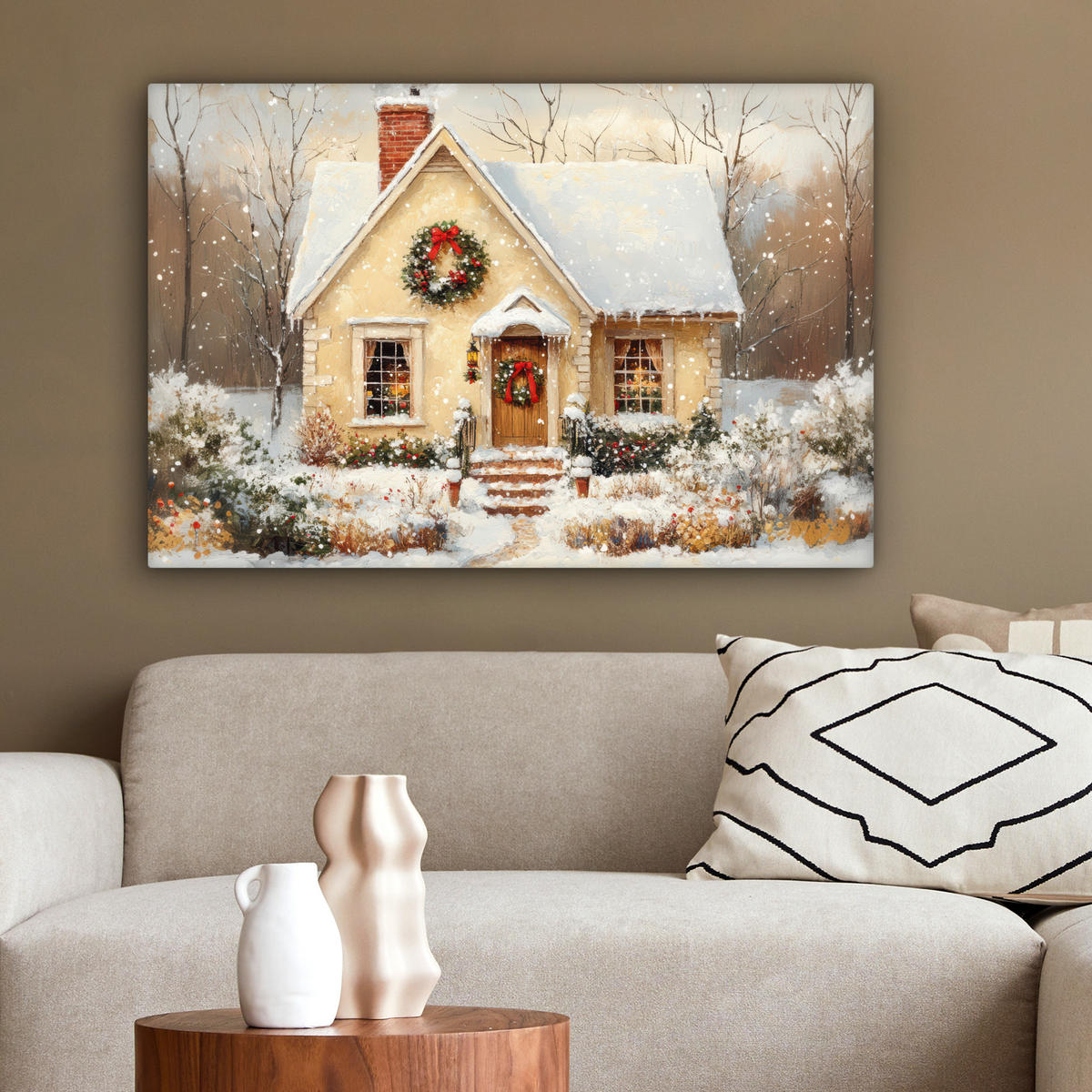 LEINWANDBILD Weihnachten - Zuhause - Winter - Schnee Wanddeko 90x60 cm - Creme, Textil (90/60cm) - MuchoWow