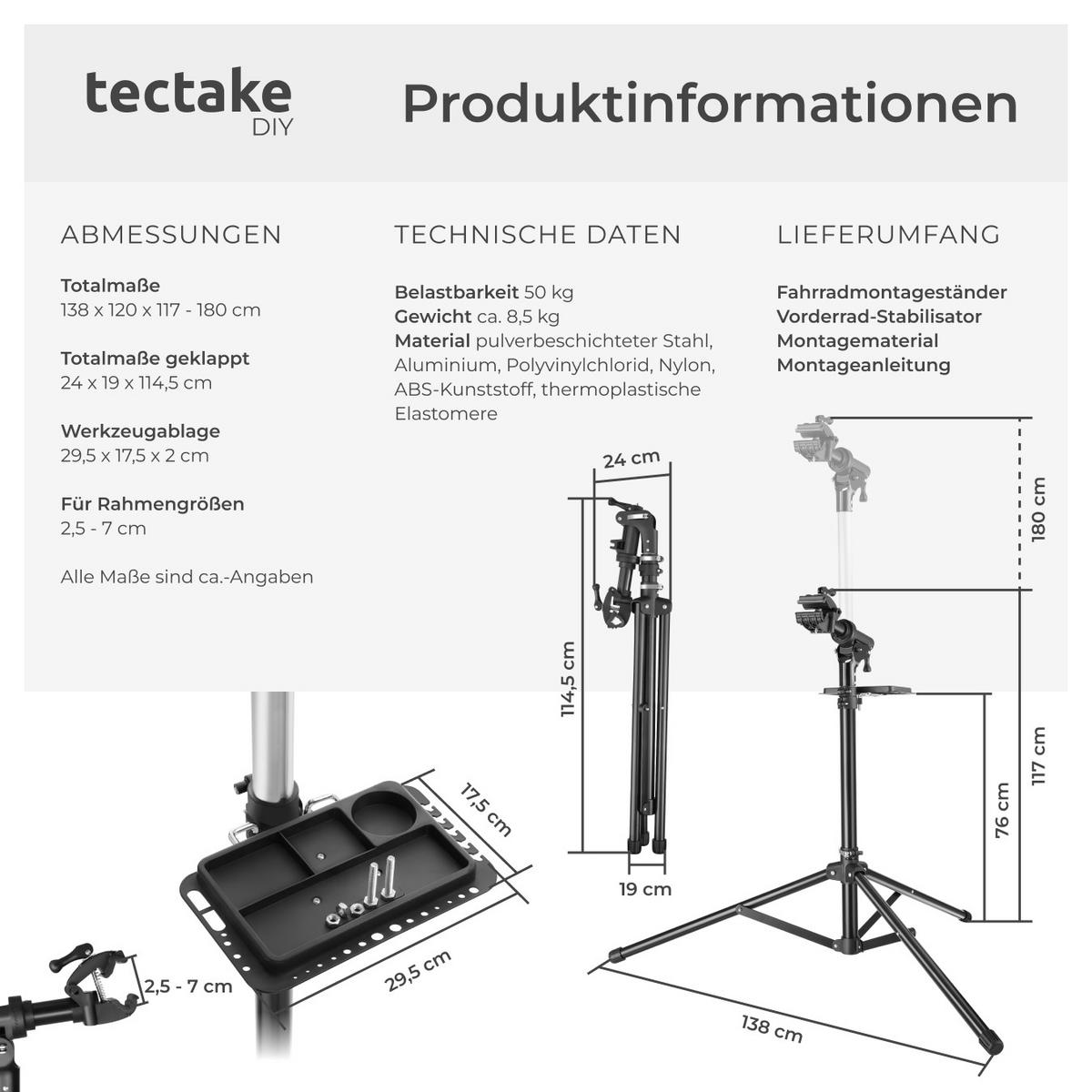 FAHRRADMONTAGESTÄNDER Tristan,inklusive Vorderrad-Stabilisator,schwarz - Schwarz, Textil (120/180/138cm) - tectake