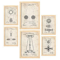 POSTER Set Mit 6 Plakaten Mit Strom 1 Patenten Im Vintage Stil A3 & A4 Rahmen Aus Hellem Holz - Beige, Papier (29/3cm) - Nacnic