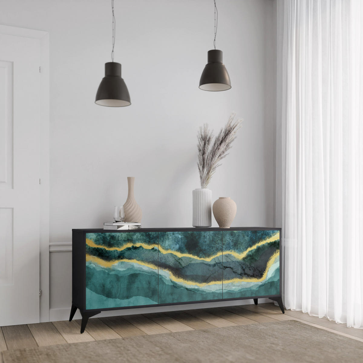 SIDEBOARD GOLDRUSH ODYSSEY, Eicheneffekt, 164,5x42x77,5 cm, 3 Türen - Eichefarben/Buchefarben, Holzwerkstoff/Buchenholz (164.5/77.5/42cm) - SpaceRebels
