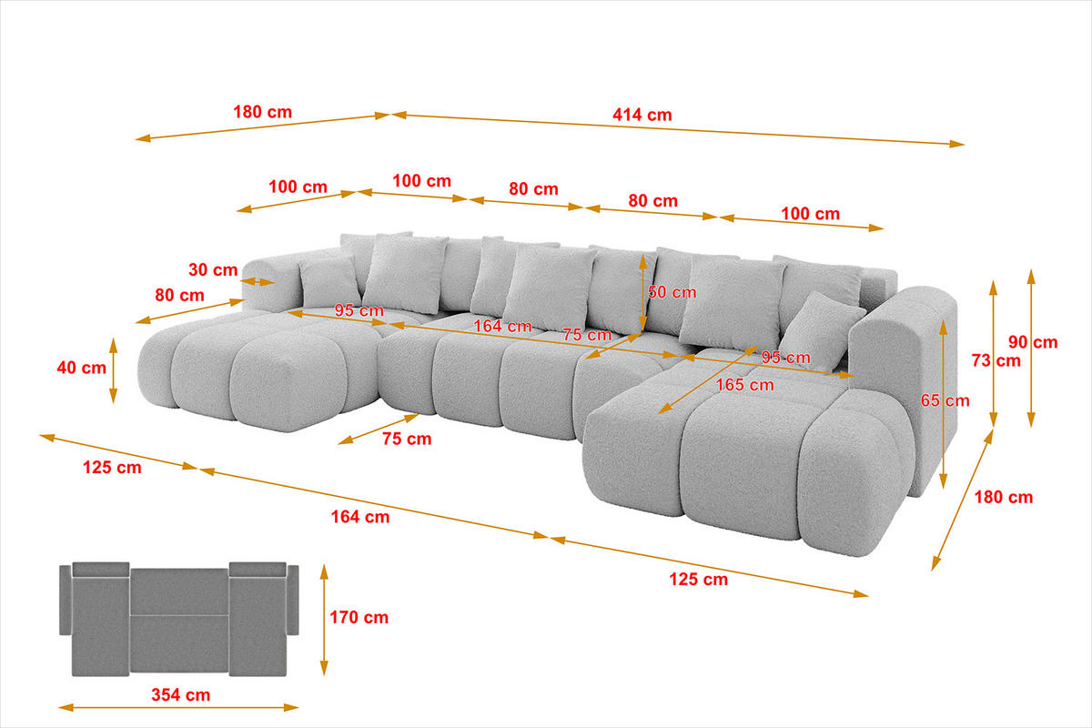 WOHNLANDSCHAFT Ottomane Links CLOUD-U-v1 414x180x40 Hellgrau Bouclé - Hellgrau, Holzwerkstoff/Kunststoff (414/90/180cm) - ALTDECOR