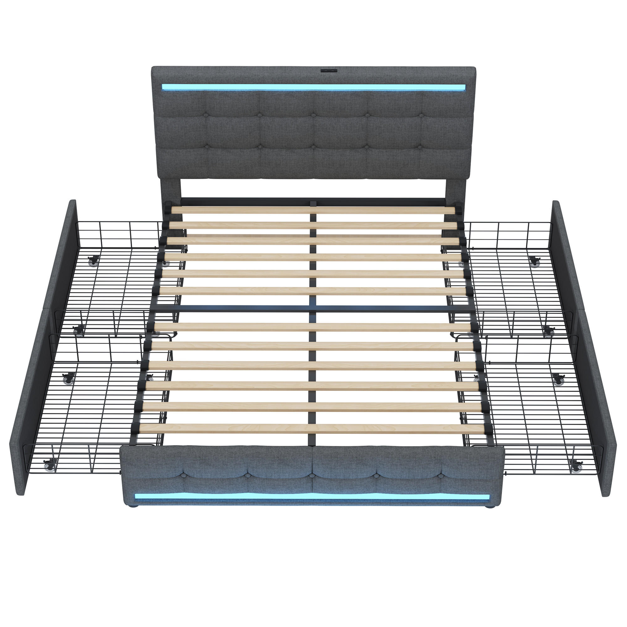 POLSTERBETT 140/200 cm in Grau Leinen mit 4 Schubladen, LED und USB - Grau, Holzwerkstoff/Textil (140/200cm) - WISHDOR