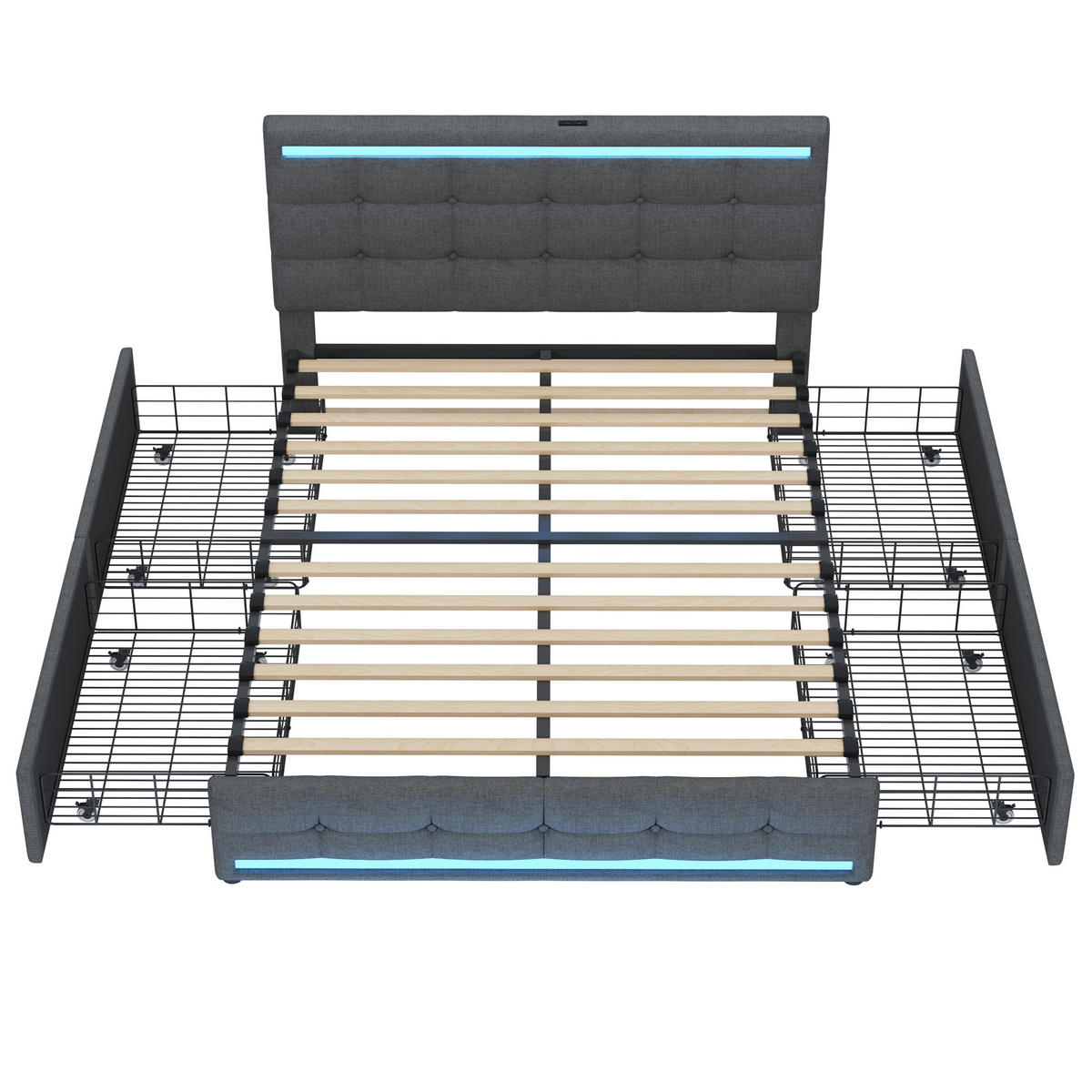 POLSTERBETT 140/200 cm grau mit LED-Beleuchtung und 4 Schubladen - Grau, Textil (140/200cm) - OKWISH