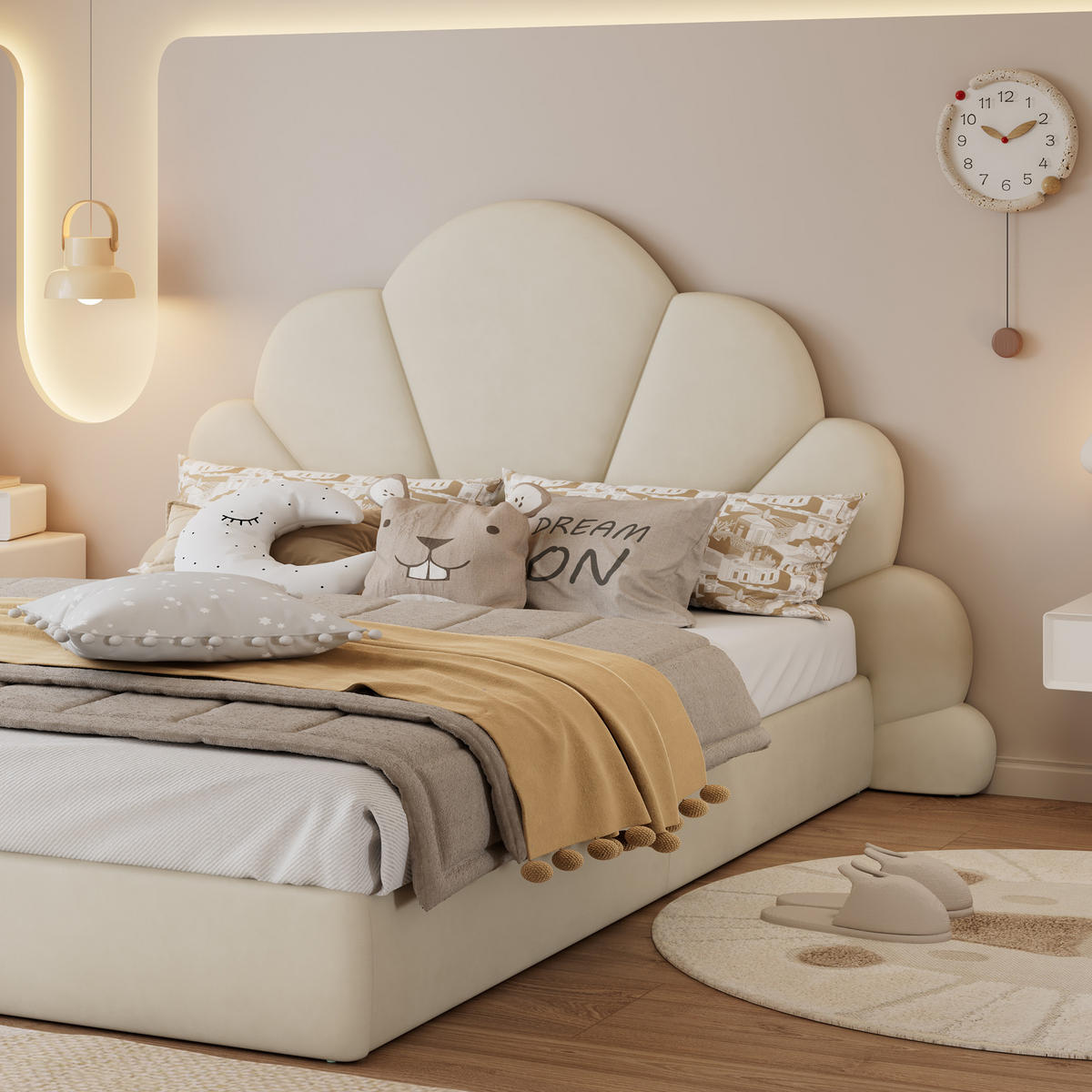 POLSTERBETT 140/200 cm in Beige Samt mit Blüten-Kopfteil - Beige, Holzwerkstoff/Textil (140/200cm) - STILVORA