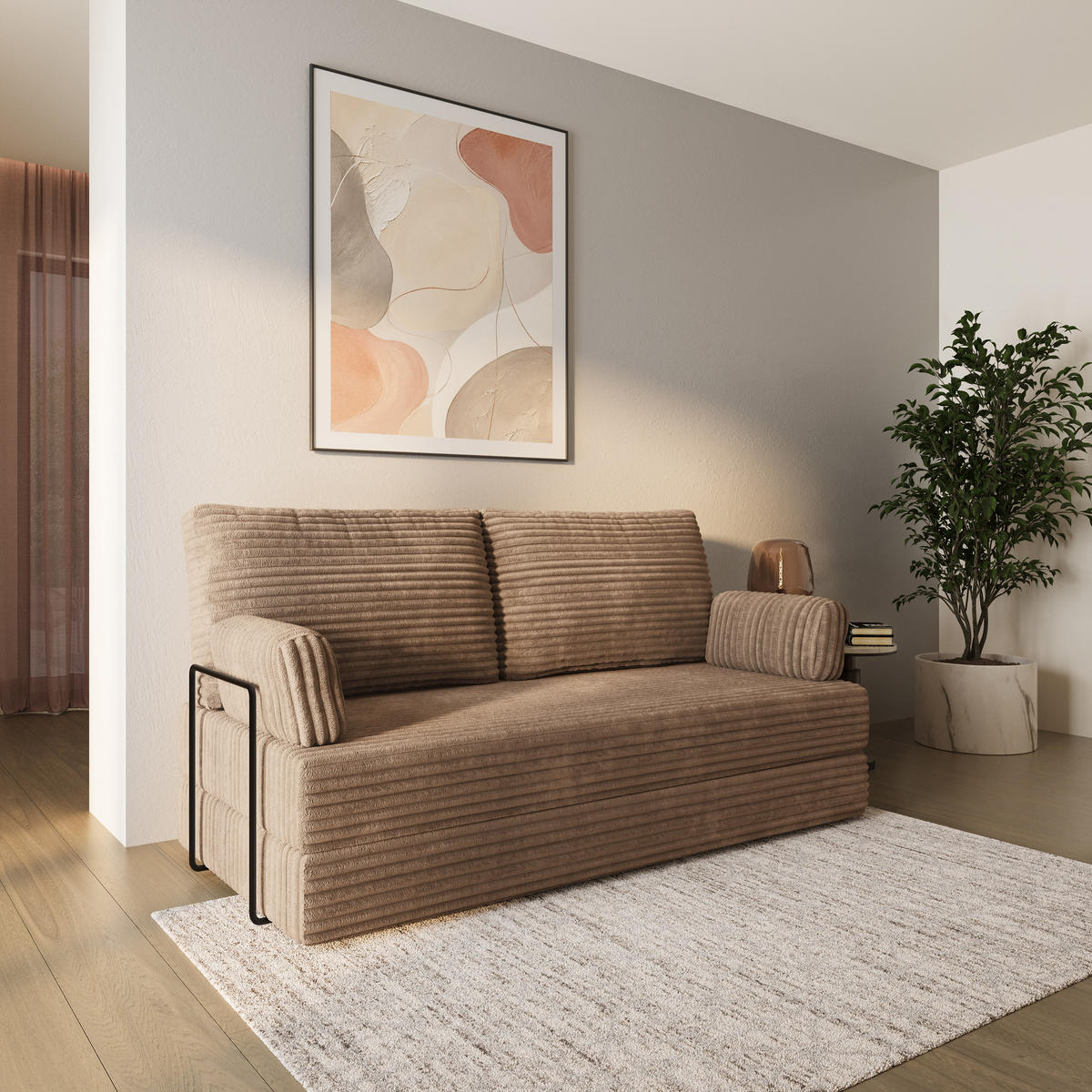BETTSOFA SILAR aus Schaumstoff Cordstoff Beige Schlaffunktion - Beige, Textil (170/86/80cm) - MASSENO