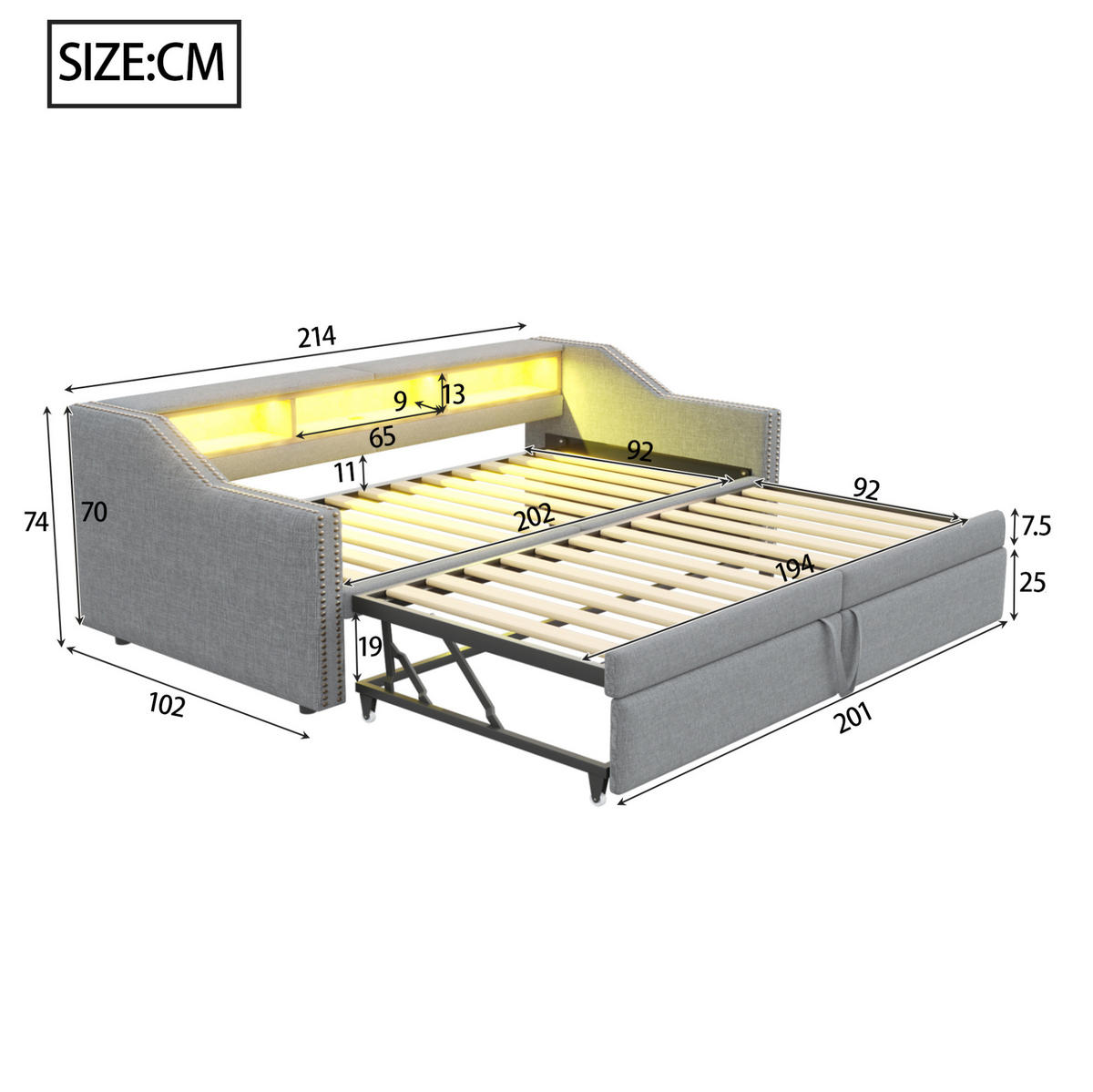 BETT aus Leinen 90/180x200 cm Hellgrau mit Ausziehfunktion, LED-Beleuchtung, USB-Anschluss und 2 Federkernmatratzen - Hellgrau, Textil (90/200cm) - Modfu