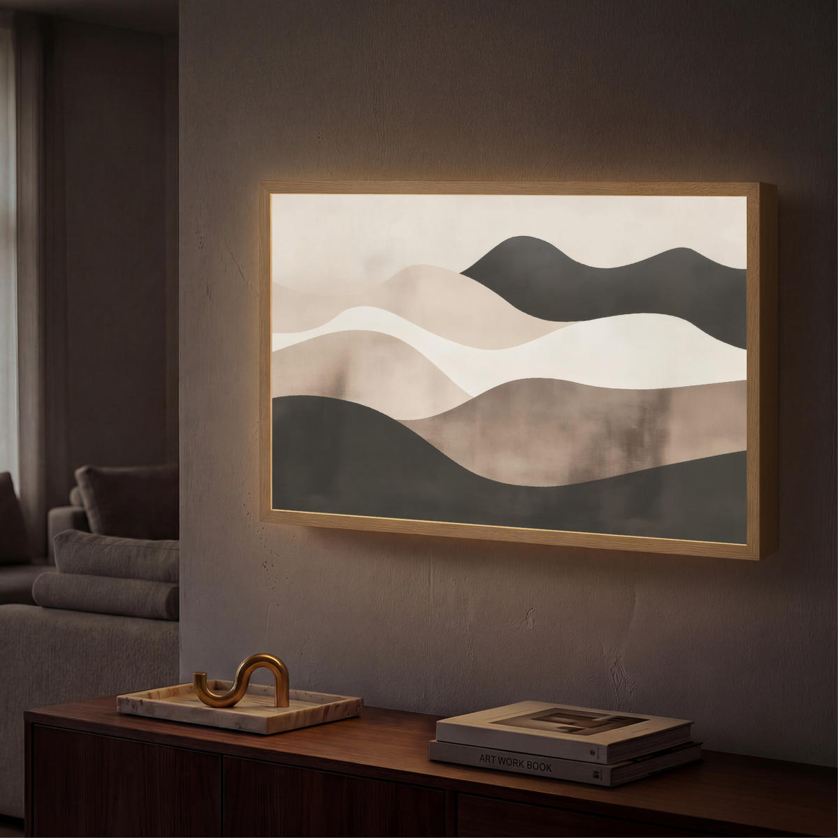 NÁSTĚNNÁ LAMPA S AKUMULÁTOREM Abstraktní - Krajina - Vlny - Krémová barva 60x40 cm - šedohnědá, kompozitní dřevo (60/40/8cm) - OnlyWow