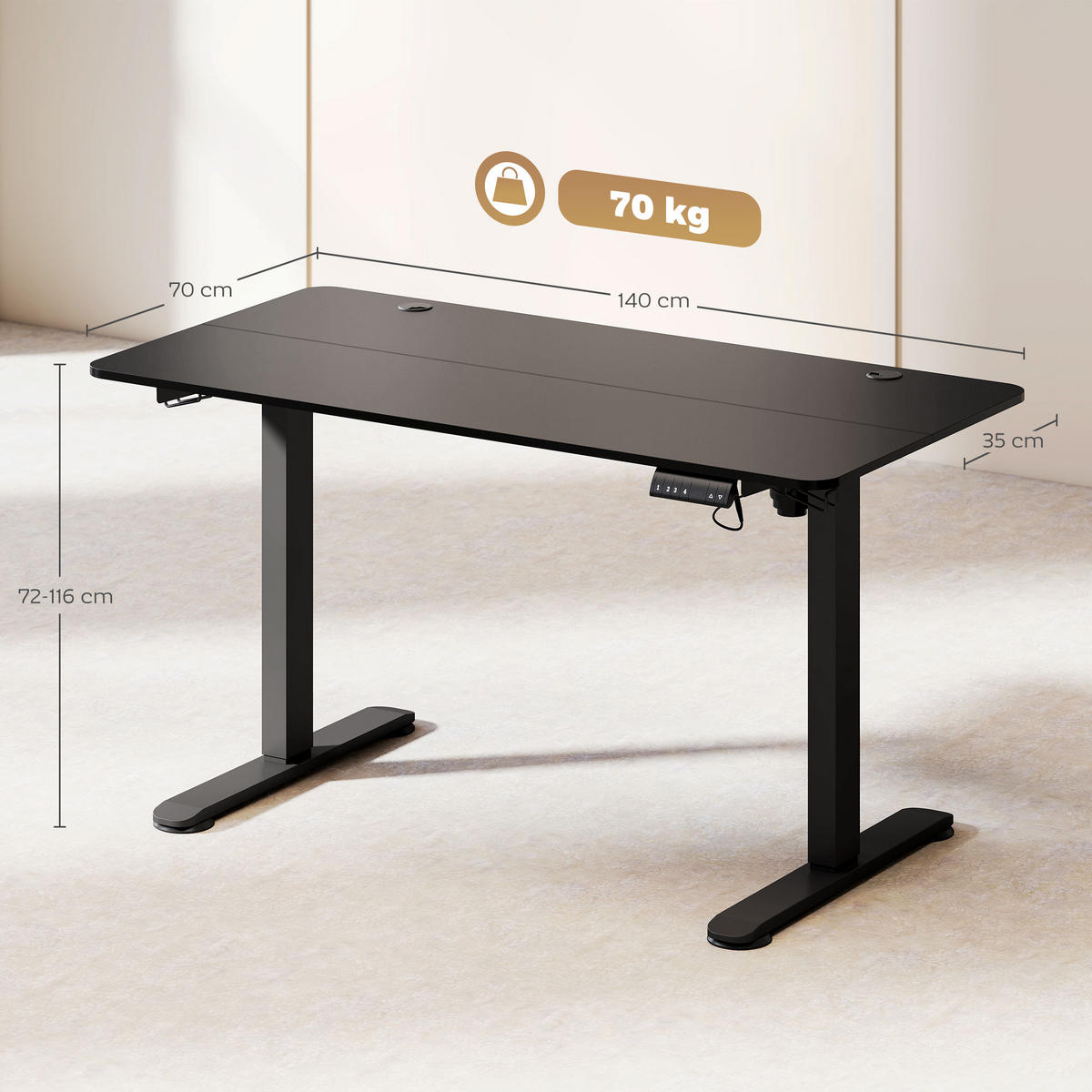 HÖHENVERSTELLBARER Schreibtisch 140 x 70cm Elektrisch Computertisch mit Haken - Schwarz, Kunststoff (140/70/116cm) - Vinsetto