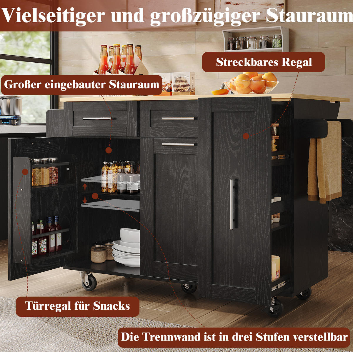 KÜCHENWAGEN 110x74x90.5cm Schwarz mit Schränken & fixierbaren Rollen - Schwarz, Holzwerkstoff (110/90.5/74cm) - Modfu