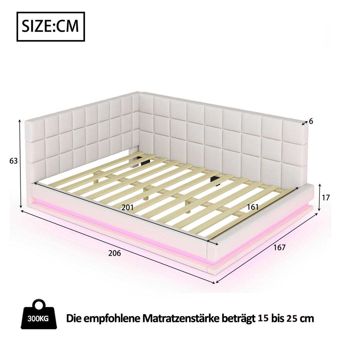POLSTERBETT 160/200 cm Beige aus Leinenstoff mit LED-Beleuchtung und USB-Anschluss - Beige, Textil (160/200cm) - OKMYHOME
