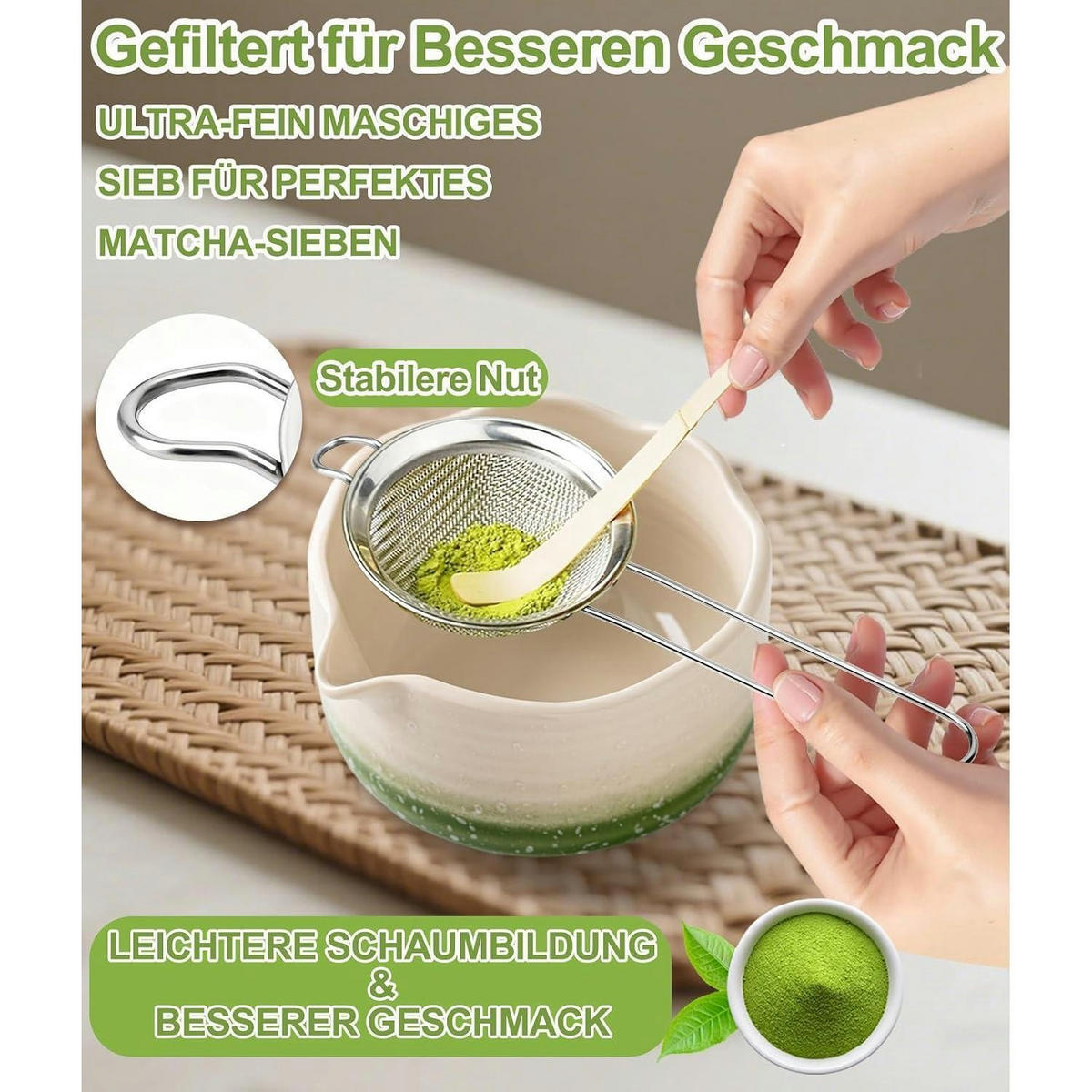 MATCHA Set 7-teiliges Set Bambus Besen Keramik Schale mit Ausgießer Grün Gradient - Grün, Keramik (15/10/15cm)