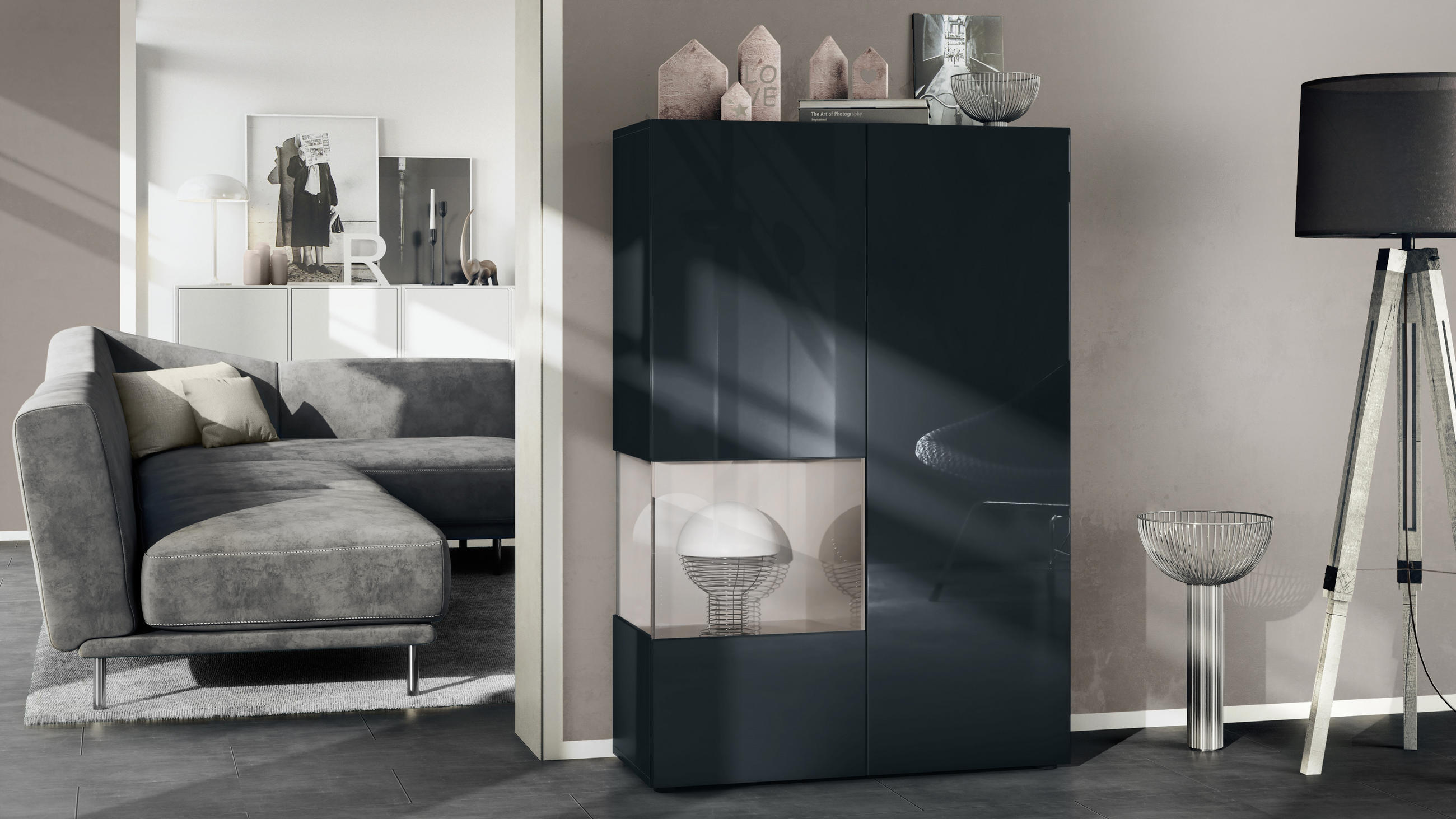 VITRINE Morena Einsatz in Sandgrau Hochglanz - Sandfarben, Holzwerkstoff (91.5/136.5/37cm) - Vladon