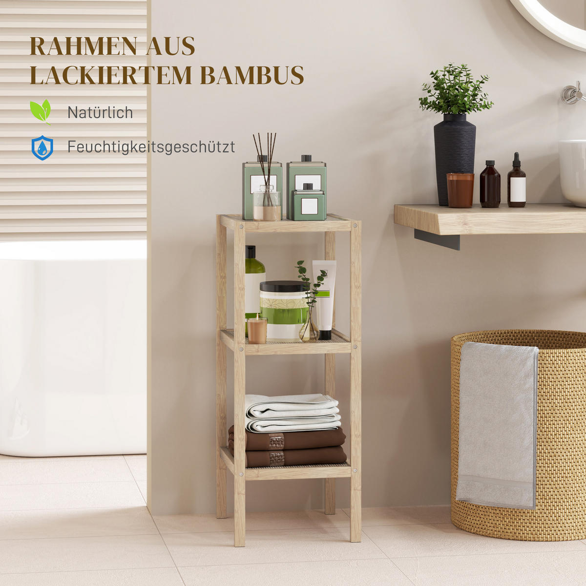 BADEREGAL, Badezimmerregal mit 3 Ebenen, 33 x 31 x 78 cm, Naturholz - Naturfarben, Naturmaterialen (33/78/31cm) - HOMCOM