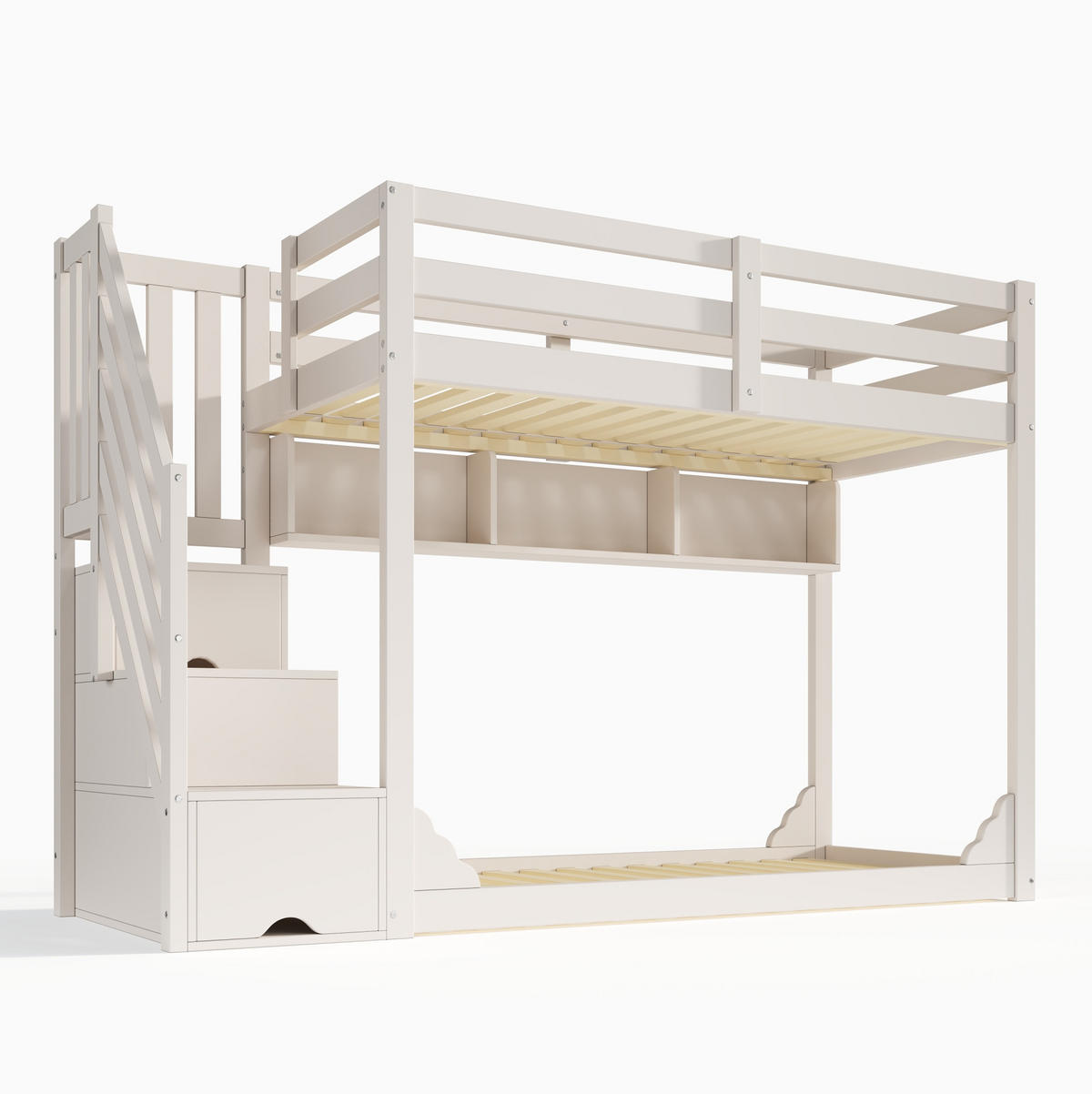 HOCHBETT aus Holz 90x200 cm in Weiß mit Treppenschrank & Stauraum - Weiß, Holz (90/200cm) - Modfu